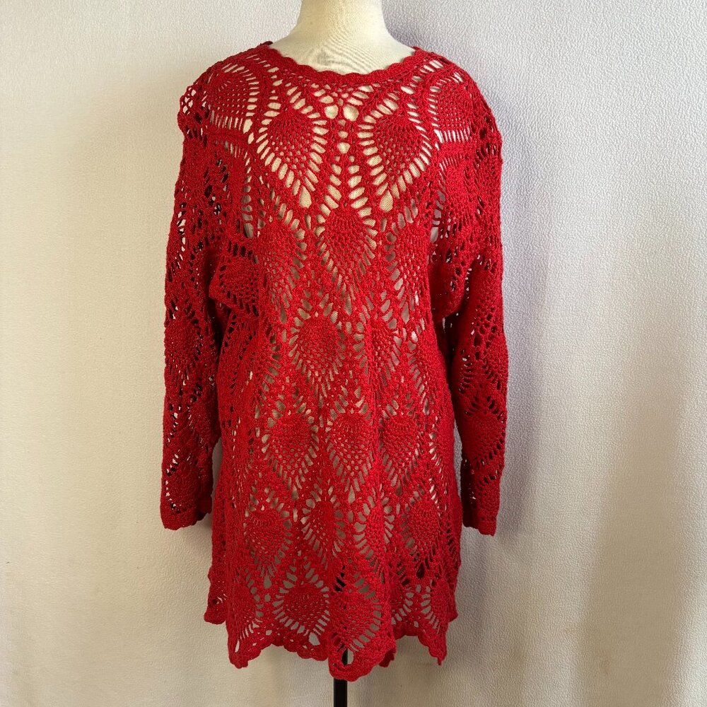 Red Open Work Knit Pullover Sweater - image 1